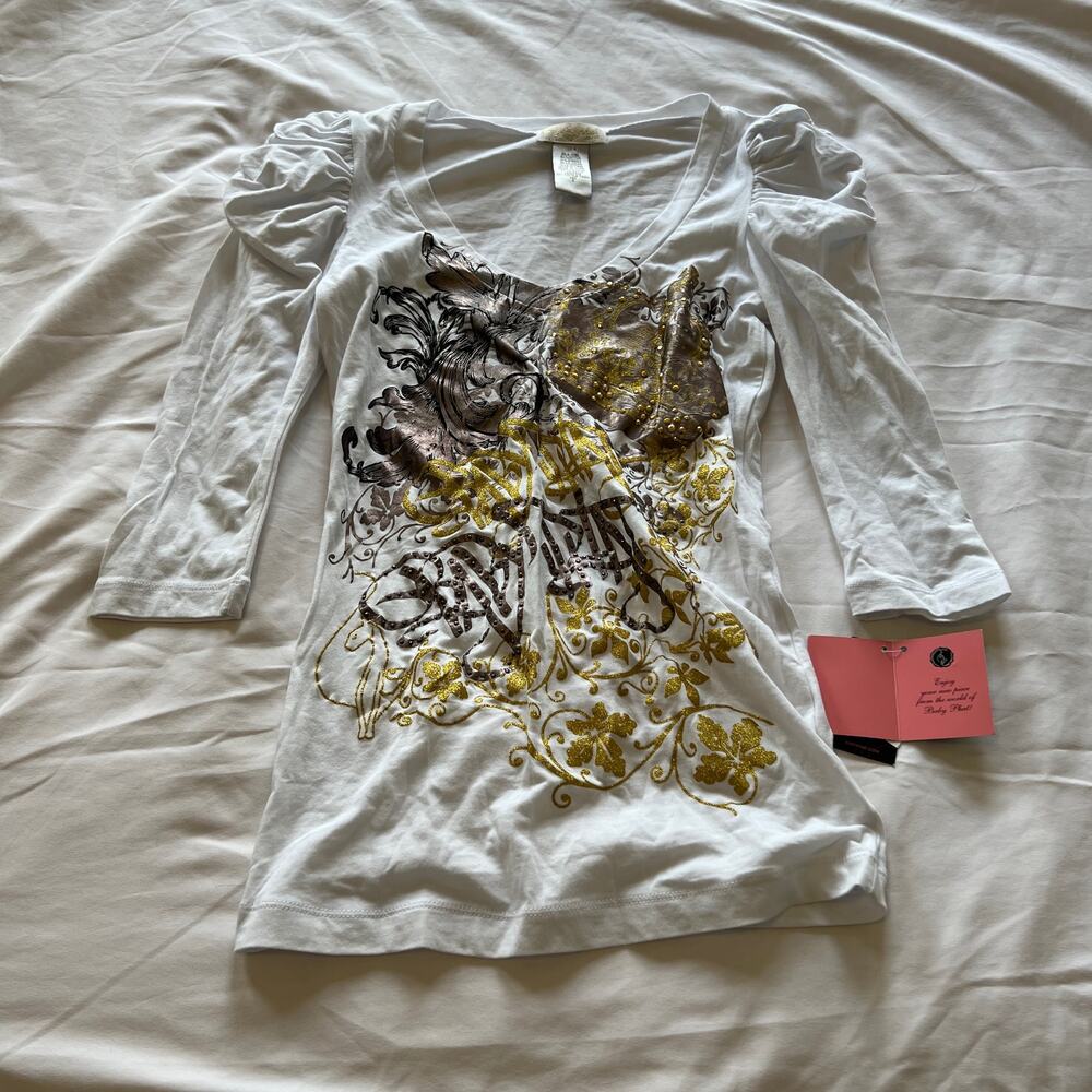 Vintage NWT Baby Phat white/gold rhinestone graphic metallic top y2k size S